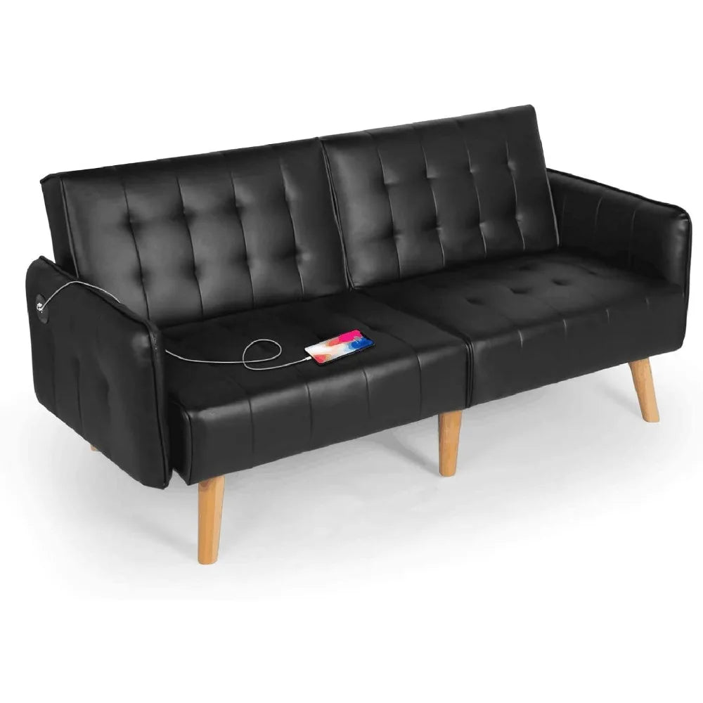 65" Convertible Futon Sofa Bed – Tufted Upholstered Loveseat with 2 USB Ports, Adjustable Folding Couch & Mid-Century Sleeper