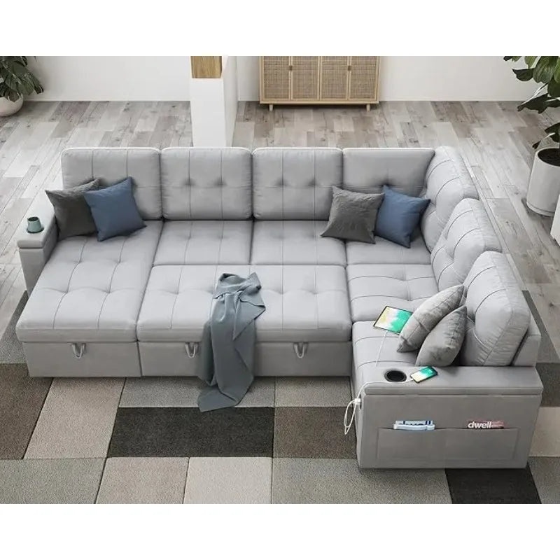 Oversized U-Shaped Sofa Bed – Sleeper Couch with 2 USB Ports, Cup Holders, Storage Chaise & 3-Seat Pull-Out Design