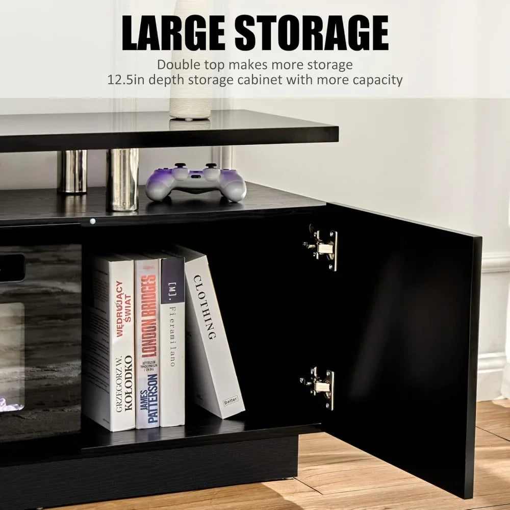 TV Cabinet, with Fireplace, Modern High Gloss Fireplace Entertainment Center LED Lights, 2 Tier TV Console Cabinet, Living Room