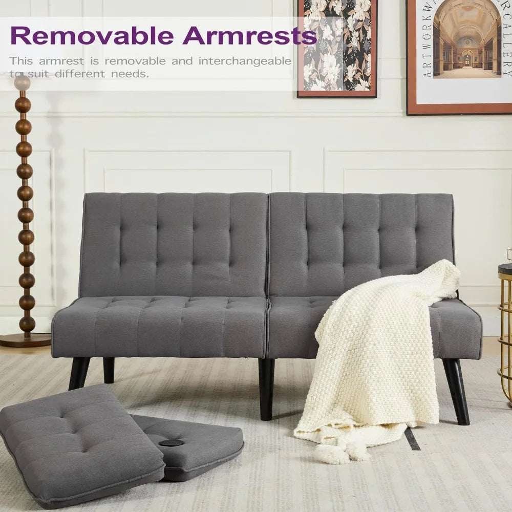 65" Convertible Futon Sofa Bed – Tufted Upholstered Loveseat with 2 USB Ports, Adjustable Folding Couch & Mid-Century Sleeper