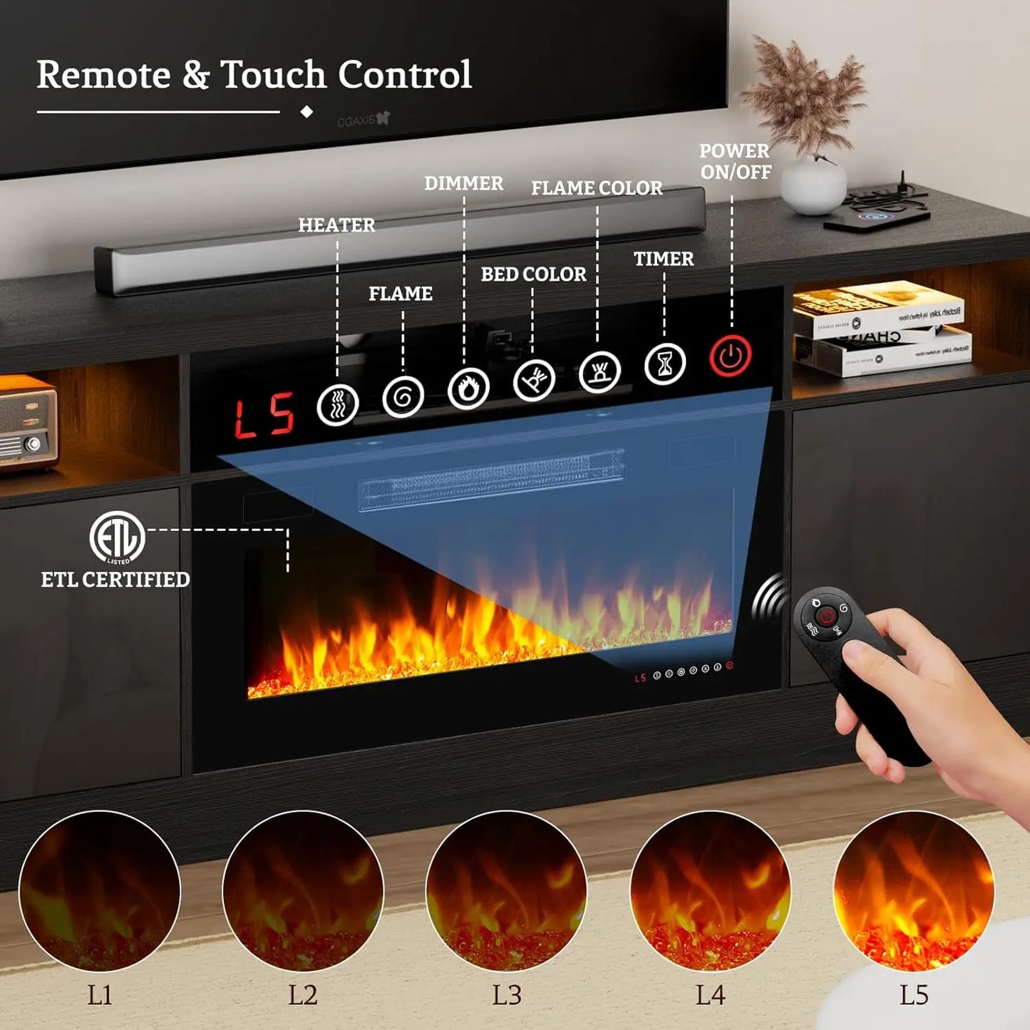 70'' TV Stand with 36'' Fireplace & LED Lights – Modern Entertainment Center for 75+ Inch TV, Black TV Cabinet with Storage