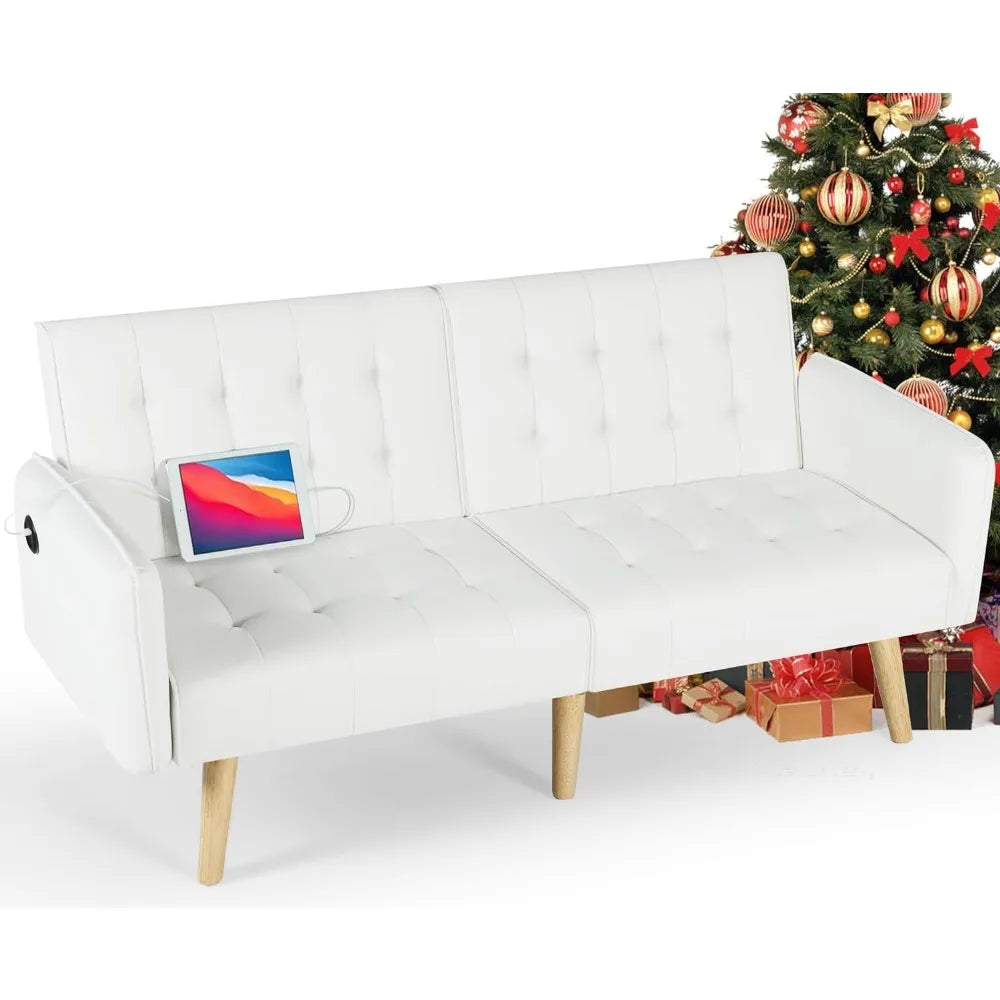 65" Convertible Futon Sofa Bed – Tufted Upholstered Loveseat with 2 USB Ports, Adjustable Folding Couch & Mid-Century Sleeper