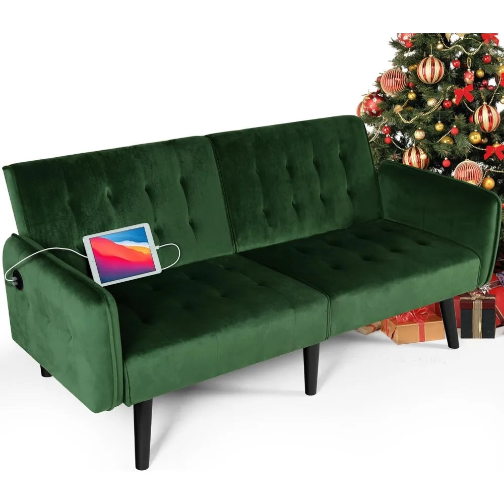 65" Convertible Futon Sofa Bed – Tufted Upholstered Loveseat with 2 USB Ports, Adjustable Folding Couch & Mid-Century Sleeper