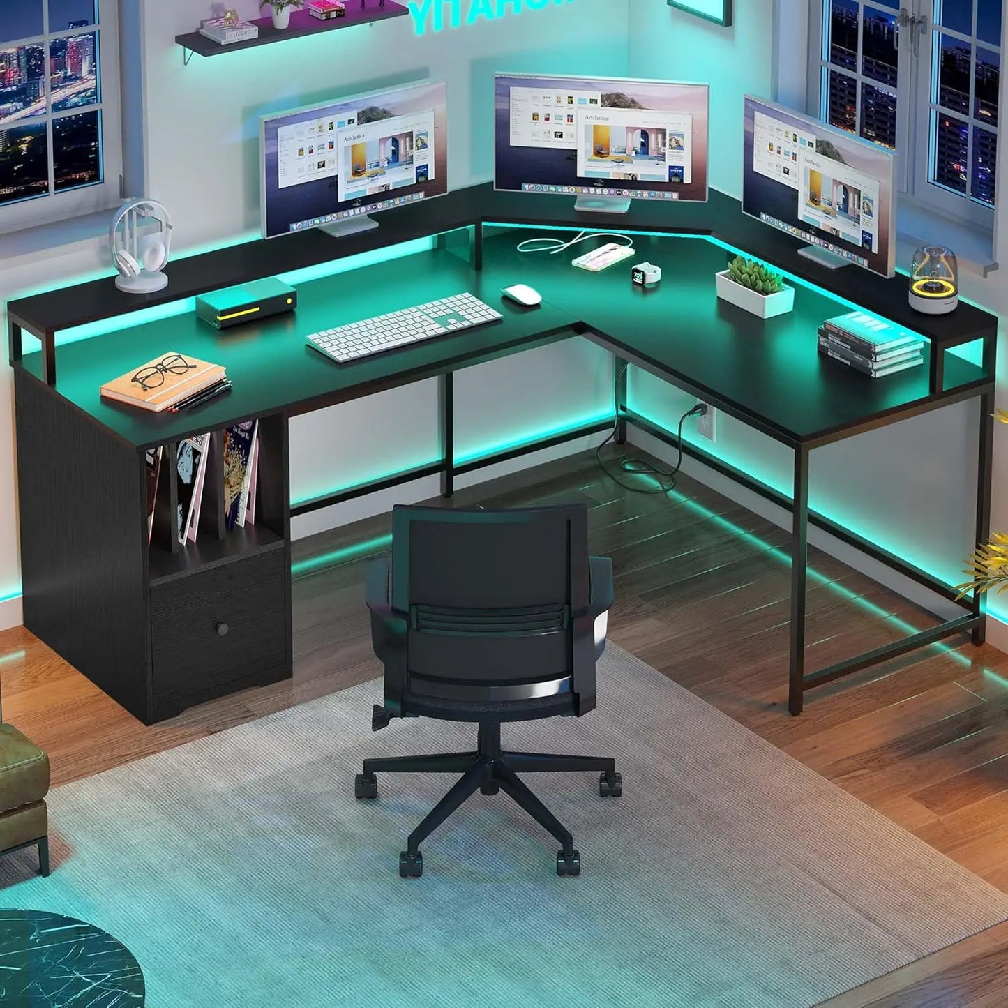 White L-Shaped Office Desk with Monitor Stand Drawer & 3 Cubbies Storage Shelves Computer Gaming Furniture