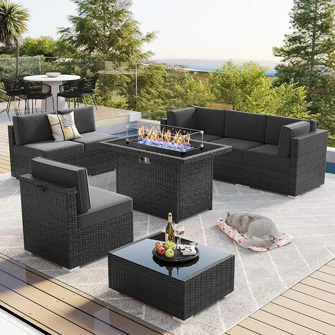 8 Piece Patio Furniture Set with 44" Propane Gas Fire Pit Table Wicker Rattan Sofa Set and Coffee Table Rattan Möbel