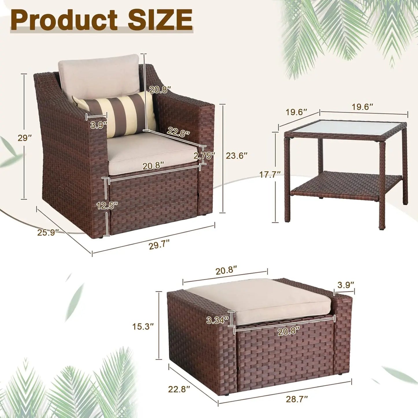 5-Piece Patio Conversation Set – Brown Wicker Lounge Chairs with Ottoman Footrest, Coffee Table & Cushions