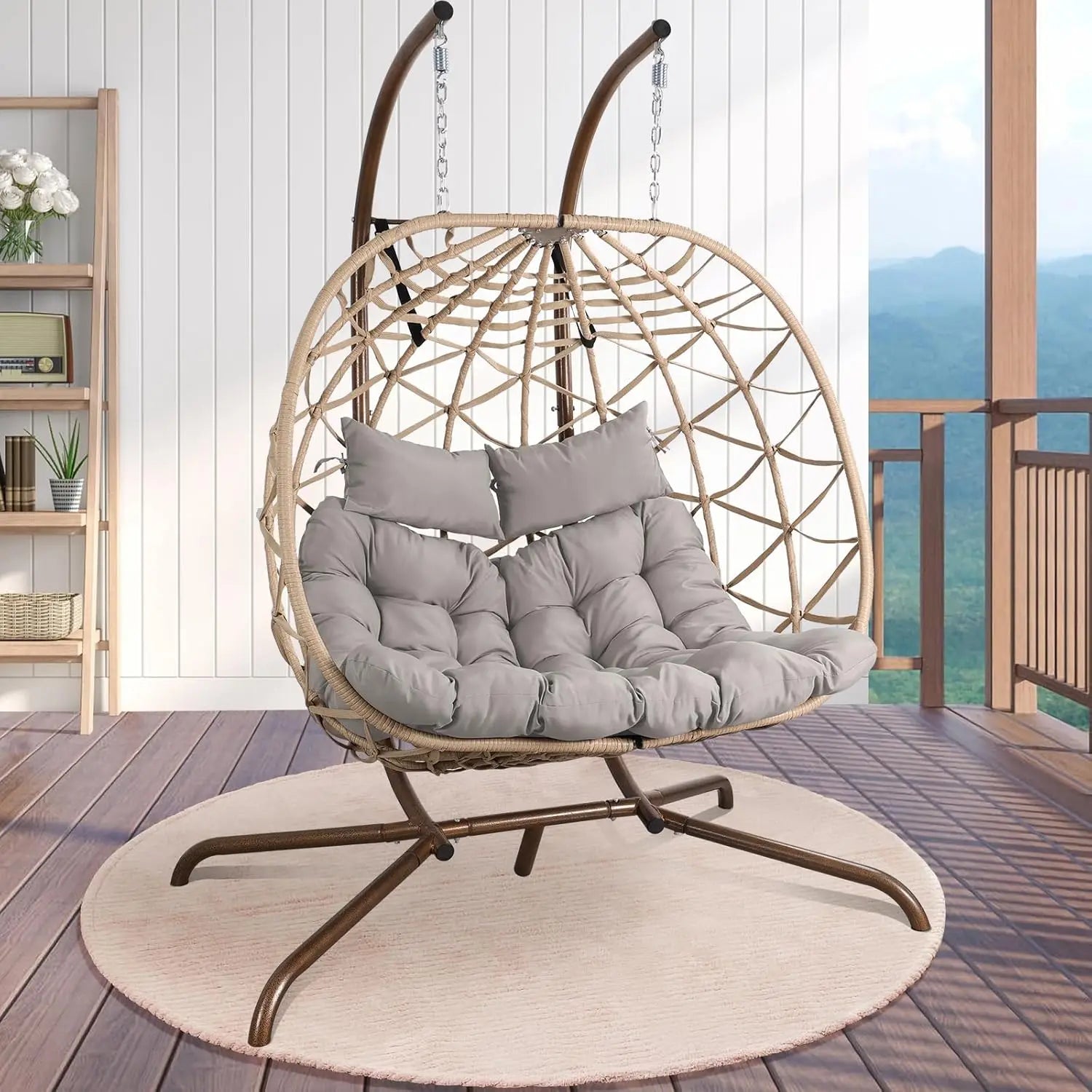 Outdoor Egg Swing Chair with Stand, 2 Person Patio Swing Chairs with Thick Cushions and Pillows, Wicker Double Egg Chair Swing