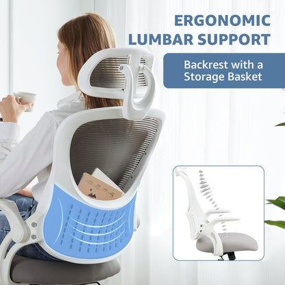 Mesh Ergonomic Office Chair with Flip-Up Arms, Adjustable Headrest & Lumbar Support