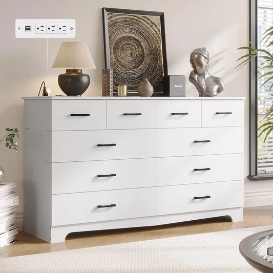 White Dresser for Bedroom with 10 Drawers Large Chest of Drawers Storage Organizer TV Stand with Power Outlets