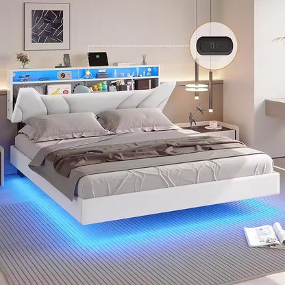Queen Size LED Bed Frame with Storage Headboard, Floating Design, Type-C Charging & Built-in Lights