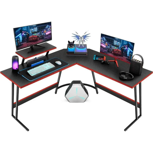 L-Shaped Gaming Computer Desk with Large Monitor Riser Stand Corner Desk PC Gaming Table for Home Office