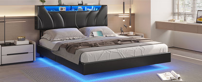 Queen Size LED Bed Frame with Storage Headboard, Floating Design, Type-C Charging & Built-in Lights