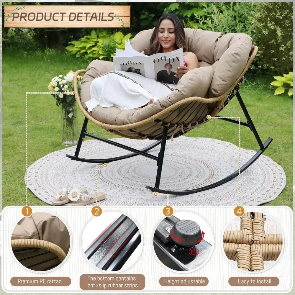 Outdoor Rocking Chair with Padded Cushion Oversized PE Rattan Royal Rocking Lounge Chair Modern Comfy Patio Egg Chair