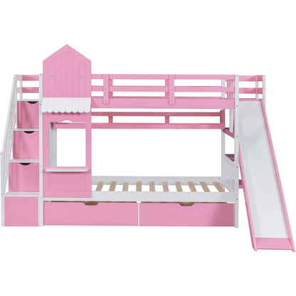 Twin Over Twin Bunk Bed with Storage and Drawers for Kids Solid Wood Bunk Bed with Slide and Staircase for Boys and Girls
