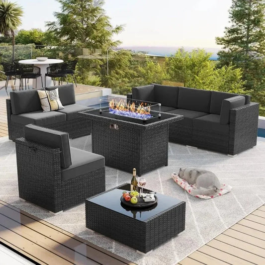 8 Piece Patio Furniture Set with 44" Propane Gas Fire Pit Table Wicker Rattan Sofa Set and Coffee Table Rattan Möbel