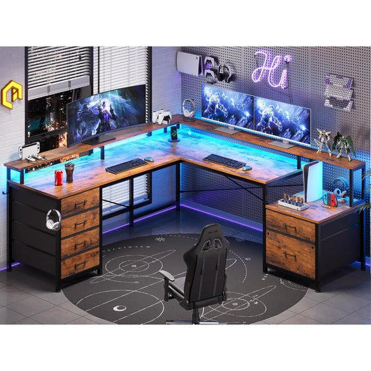 108" L Shaped Desk with 6 Drawers Corner Computer Desk with Monitor Shelf Two Person Gaming Desk for Home Office