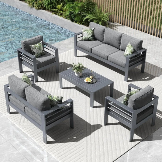 5-Piece Modern Aluminum Patio Furniture Set – Metal Sectional Sofa Conversation Set with Coffee Table, Garden Furniture