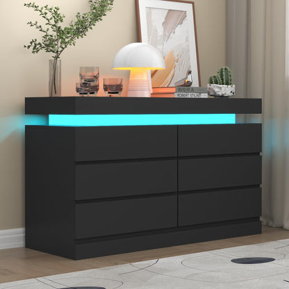 6-Drawer Black Dresser Modern Chest of Drawers LED Light & Outlet