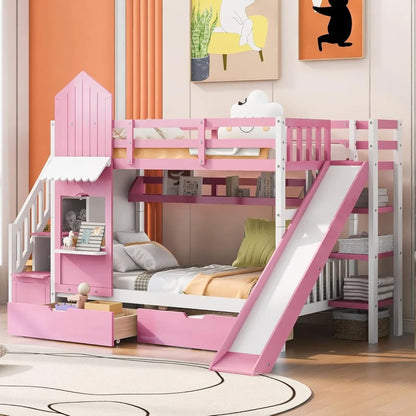 Twin Over Twin Bunk Bed with Storage and Drawers for Kids Solid Wood Bunk Bed with Slide and Staircase for Boys and Girls