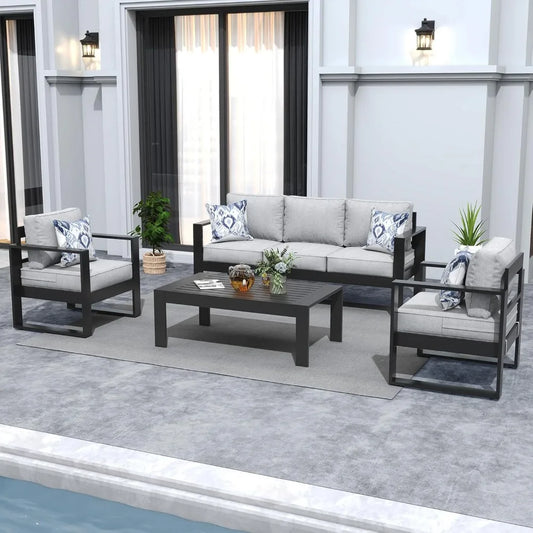 4-Piece Modern Aluminum Patio Furniture Set – Outdoor Sectional Seating with Olefin Cushions & Coffee Table