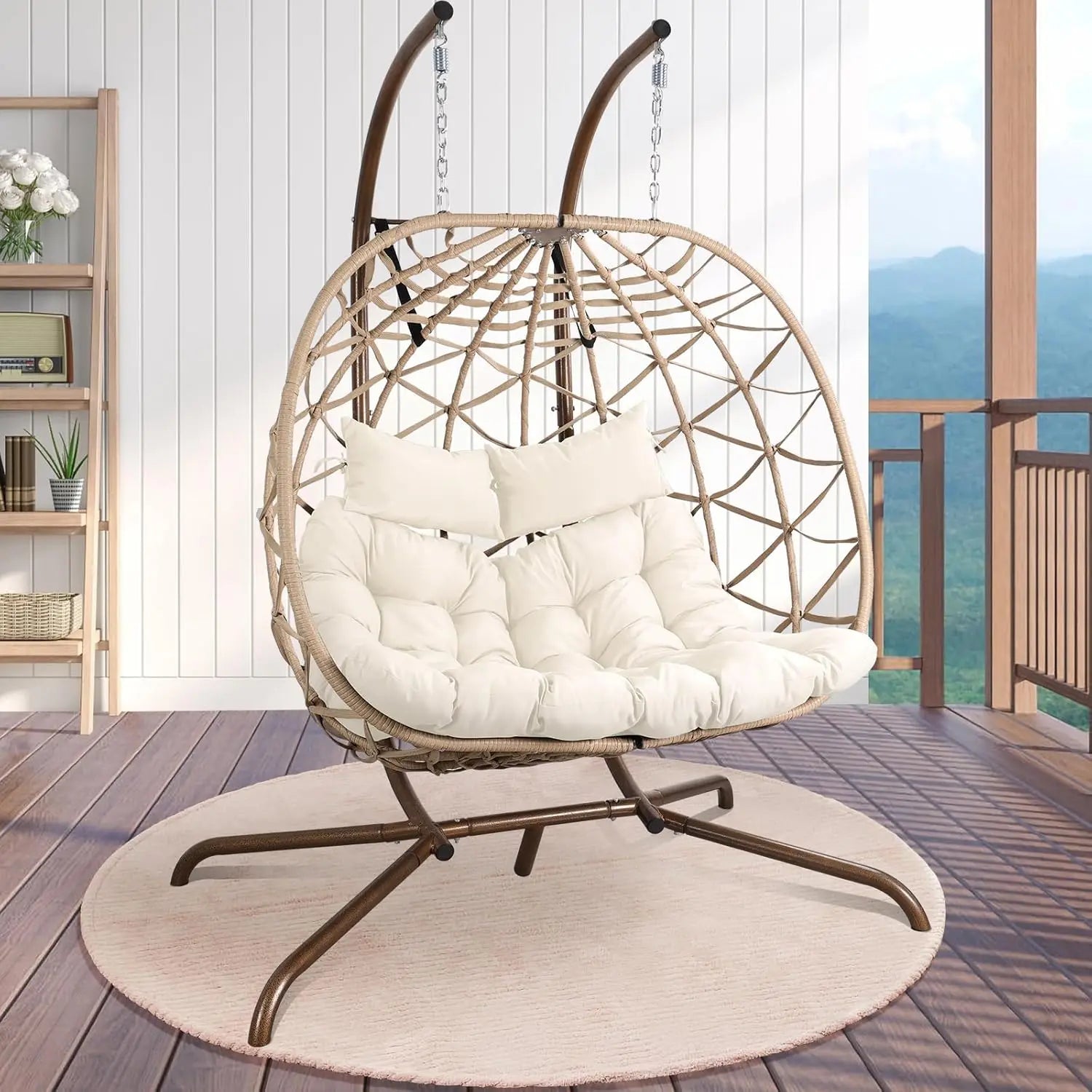 Outdoor Egg Swing Chair with Stand, 2 Person Patio Swing Chairs with Thick Cushions and Pillows, Wicker Double Egg Chair Swing