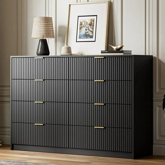 55" Wide Fluted 8-Drawer Dresser with Gold Handles Modern Tall Chest of Drawers for Bedroom