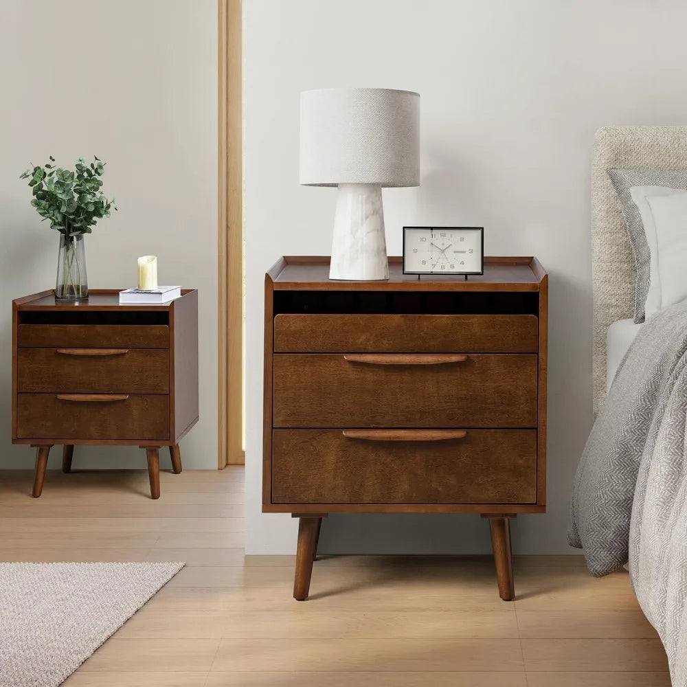 Set of 2 2-Drawer Nightstands with Charging Station Mid-Century Modern Bedside Tables Wood Night Stand with Pull-Out Shelf Walnut