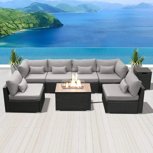 Outdoor Sofa Set with Gas Propane Fire Pit Table Patio Furniture Set Light Gray Rectangular Table