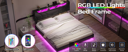 Queen Size LED Bed Frame with Storage Headboard, Floating Design, Type-C Charging & Built-in Lights