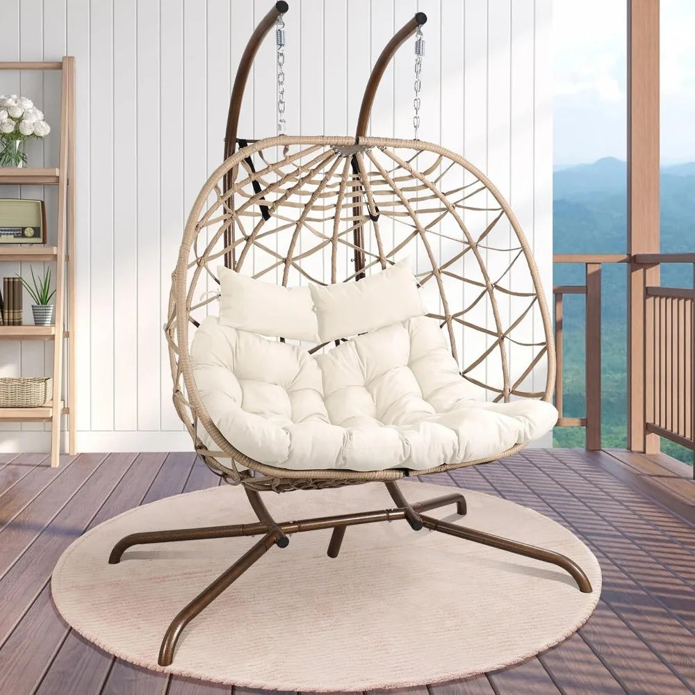 Outdoor Egg Swing Chair with Stand, 2 Person Patio Swing Chairs with Thick Cushions and Pillows, Wicker Double Egg Chair Swing