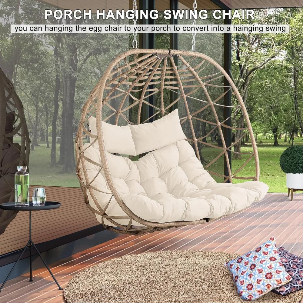 Outdoor Egg Swing Chair with Stand, 2 Person Patio Swing Chairs with Thick Cushions and Pillows, Wicker Double Egg Chair Swing