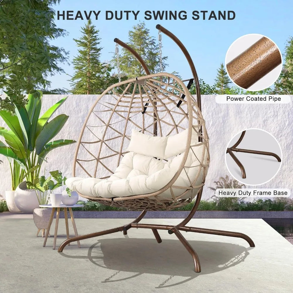 Outdoor Egg Swing Chair with Stand, 2 Person Patio Swing Chairs with Thick Cushions and Pillows, Wicker Double Egg Chair Swing