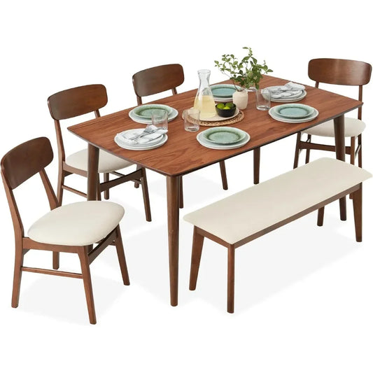 "6-Piece Dining Set Mid-Century Modern Wooden Table with 4 Upholstered Chairs and Bench Seat Rubberwood Legs Walnut/Cream