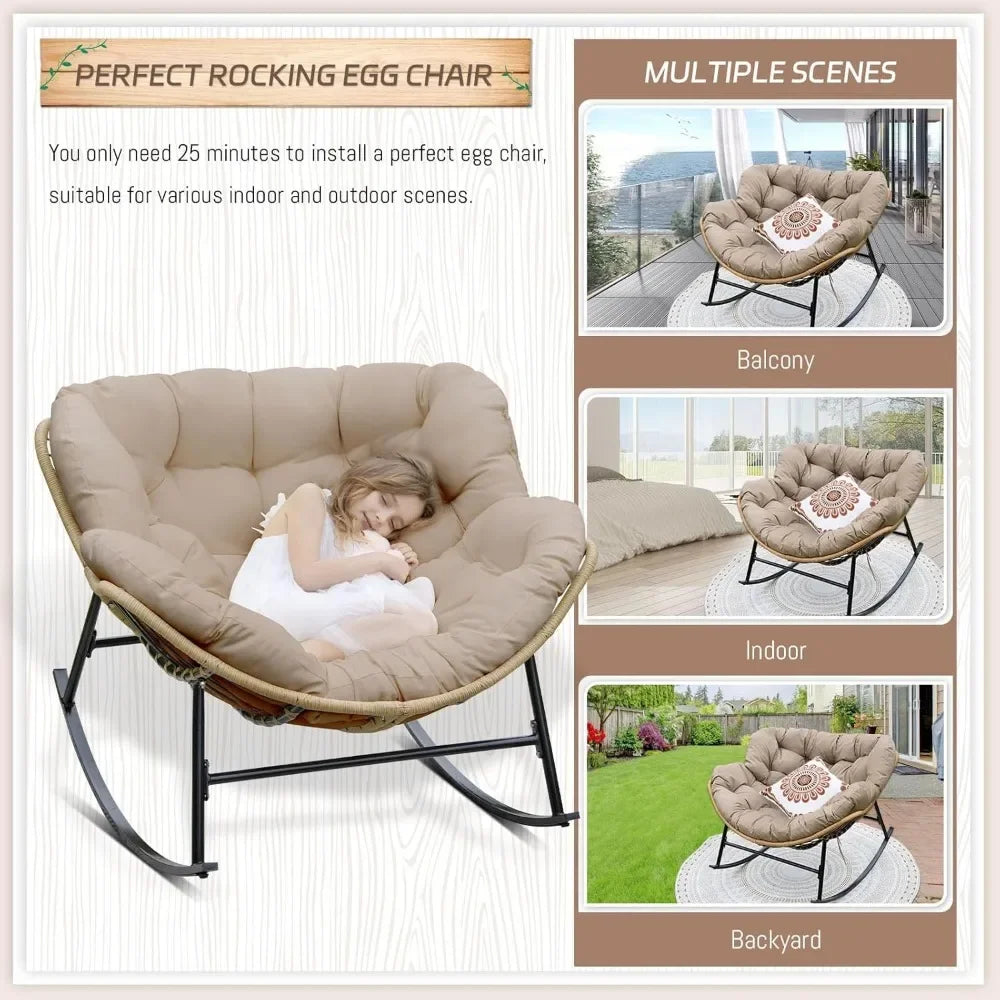 Outdoor Rocking Chair with Padded Cushion Oversized PE Rattan Royal Rocking Lounge Chair Modern Comfy Patio Egg Chair