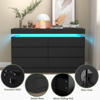 6-Drawer Black Dresser Modern Chest of Drawers LED Light & Outlet