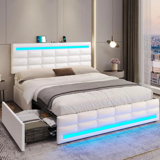 Full Size Upholstered LED Platform Bed with 4 Storage Drawers, Charging Station & LED Lights