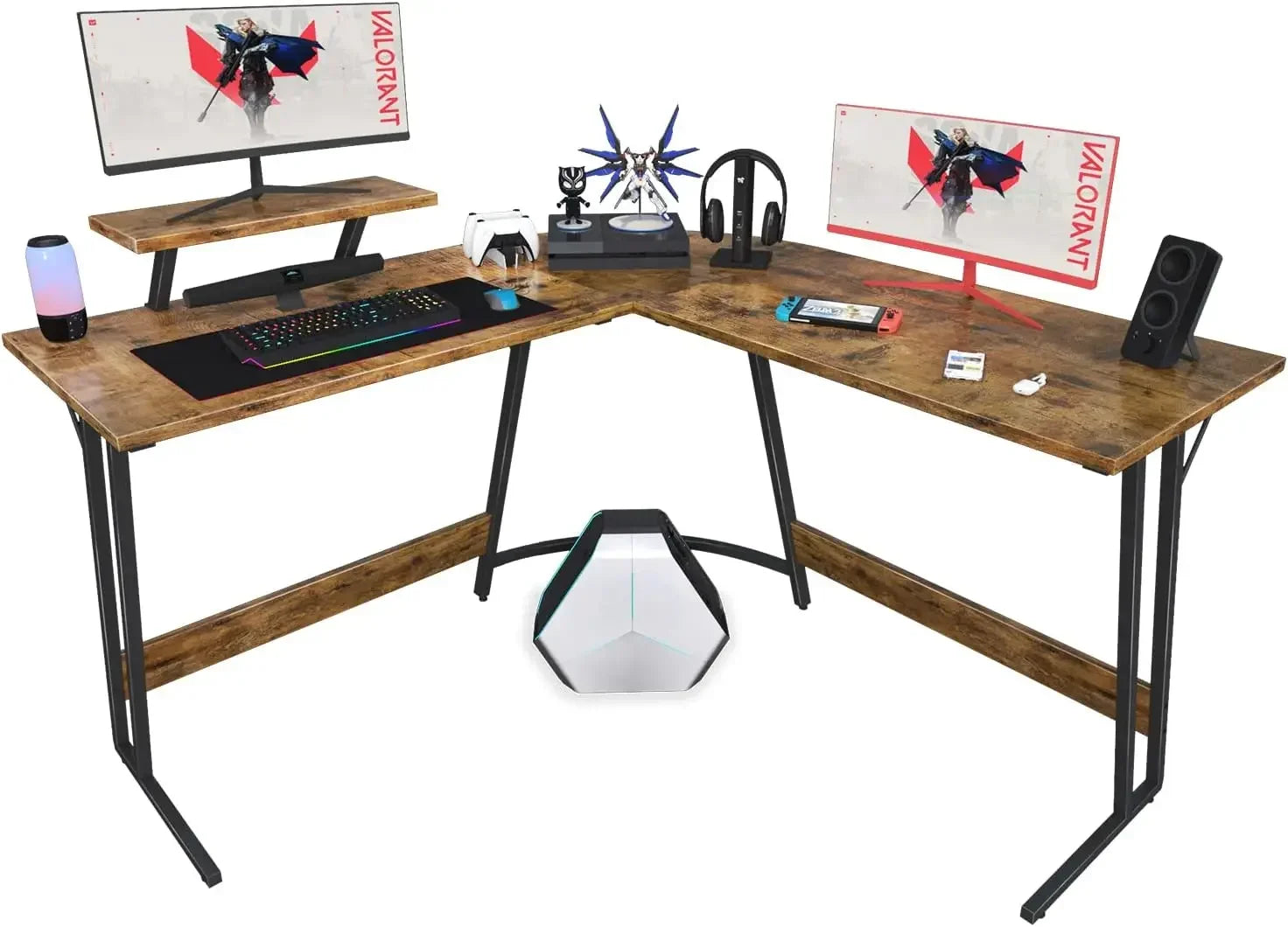 L-Shaped Gaming Computer Desk with Large Monitor Riser Stand Corner Desk PC Gaming Table for Home Office