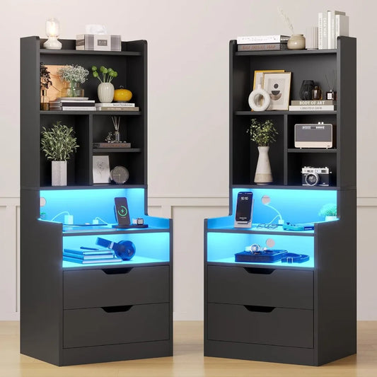 Set of 2 Charging Nightstands with LED Lights Tall Bedside Table with Bookshelf and Drawers Black Side Tables for Bedroom