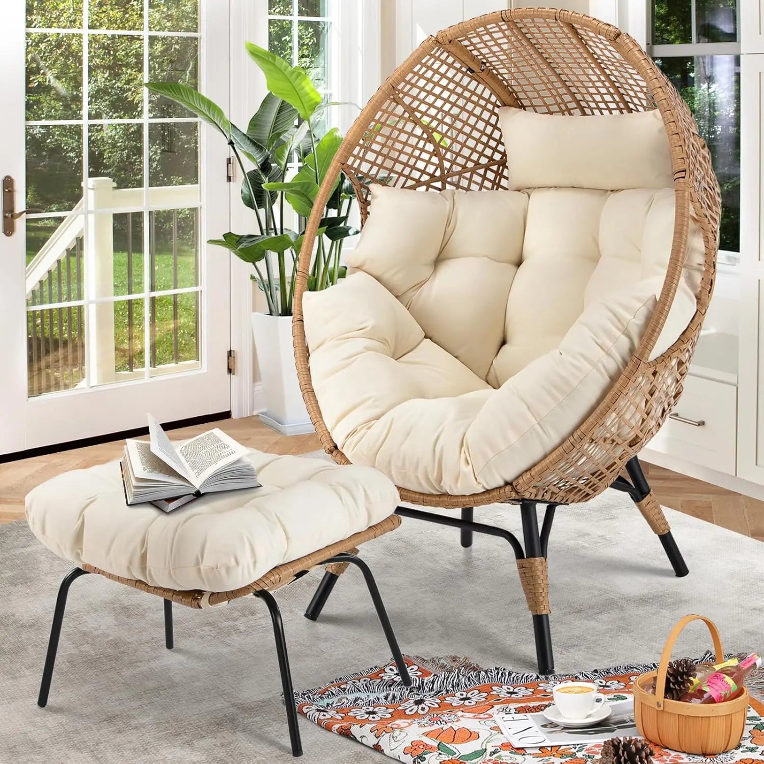 Egg Chair with Footrest Outdoor Wicker Patio Egg Chair with Ottoman for Indoor Bedroom Porch Deck Backyard Garden