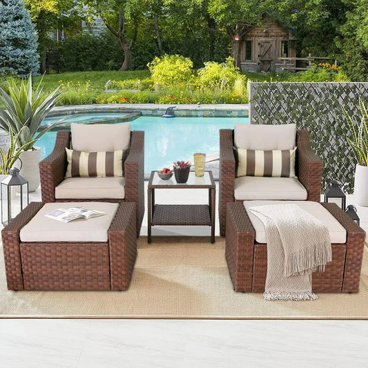 5-Piece Patio Conversation Set – Brown Wicker Lounge Chairs with Ottoman Footrest, Coffee Table & Cushions