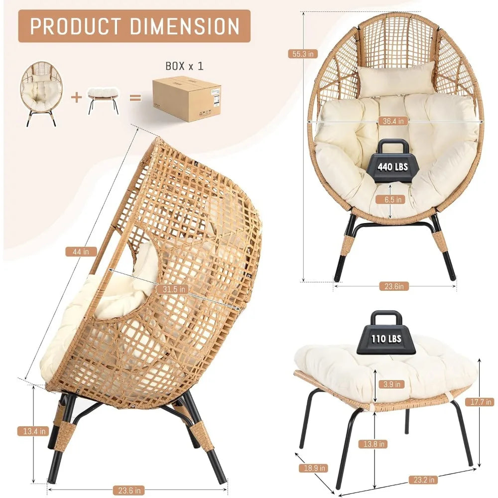 Egg Chair with Footrest Outdoor Wicker Patio Egg Chair with Ottoman for Indoor Bedroom Porch Deck Backyard Garden