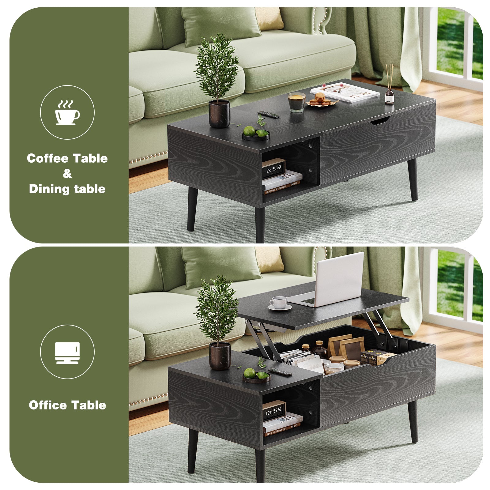 Lift-Top Coffee Table Rising Desk with Storage for Living Room