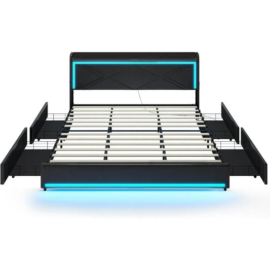 King Bed Frame with Storage Drawers & LED Lights, PU Leather Platform Bed with Headboard, USB & Type-C Charging Ports - King Size