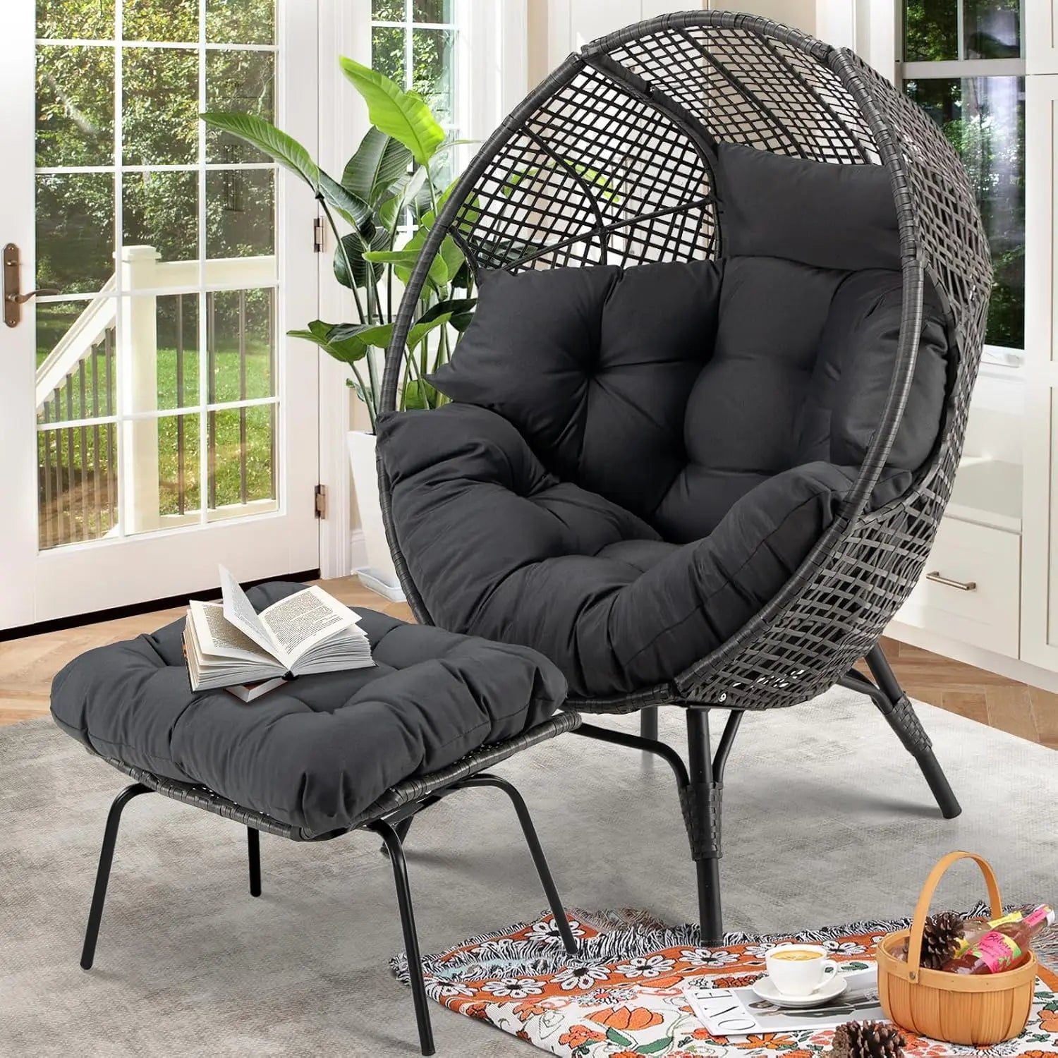 Egg Chair with Footrest Outdoor Wicker Patio Egg Chair with Ottoman for Indoor Bedroom Porch Deck Backyard Garden