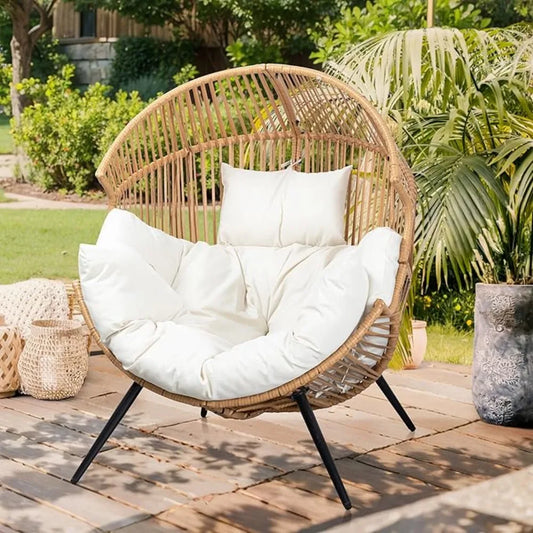 Wicker Egg Chair with Cushion PE Rattan Oversized Patio Lounge Chair for Outdoor Indoor Balcony Backyard Garden Beige