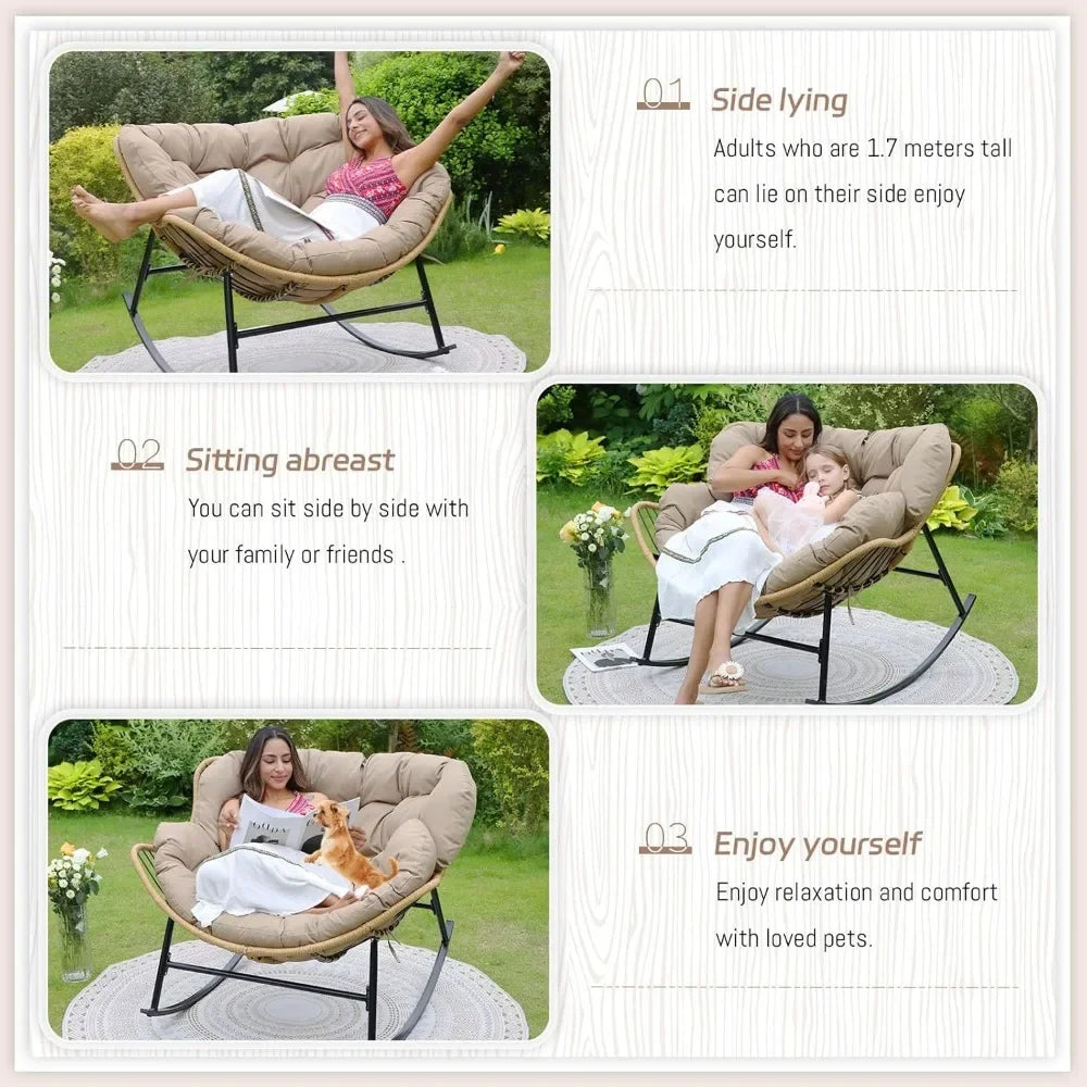 Outdoor Rocking Chair with Padded Cushion Oversized PE Rattan Royal Rocking Lounge Chair Modern Comfy Patio Egg Chair