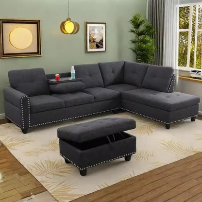 L-Shaped Sofa with Ottoman Linen Sectional Couch, Nail-Head Design & Cup Holder