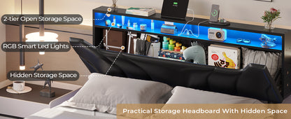 Queen Size LED Bed Frame with Storage Headboard, Floating Design, Type-C Charging & Built-in Lights