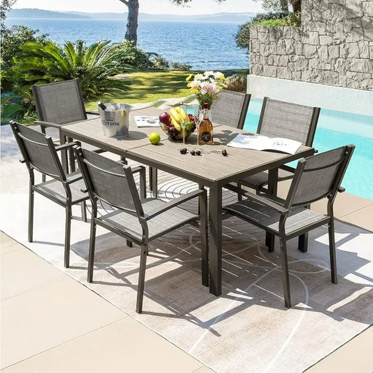 7-Piece Terrace Outdoor Dining Furniture Set with Weatherproof Table and 6 Stackable Chairs for Garden