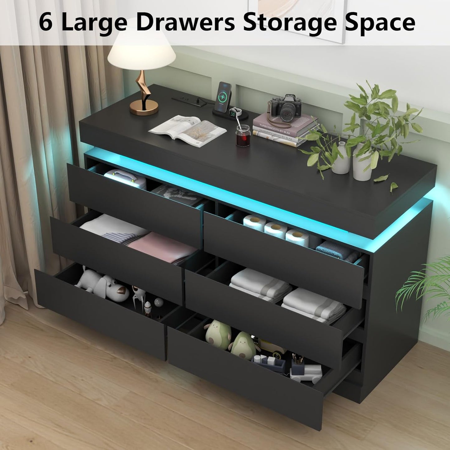 6-Drawer Black Dresser Modern Chest of Drawers LED Light & Outlet